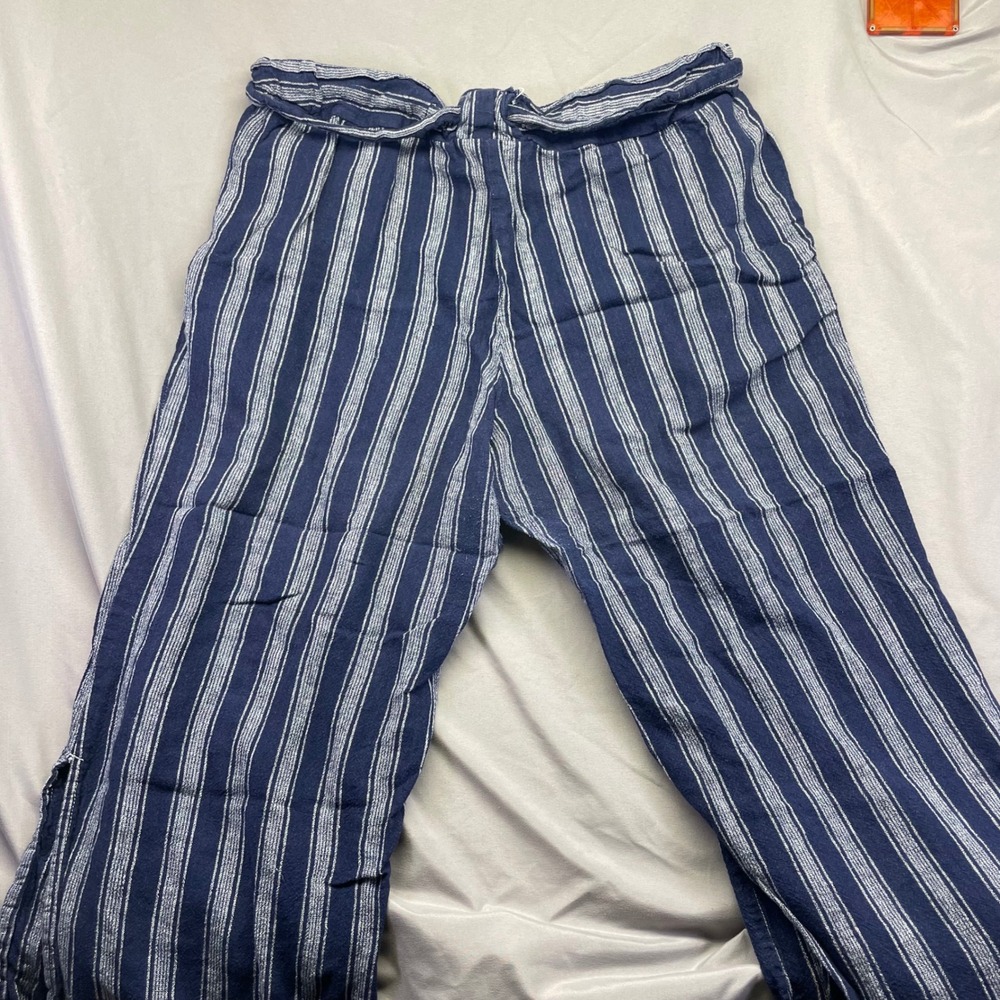 Indigo Rein Navy Blue White Striped Wide Leg Paperbag Waist Pants Side Slit XL